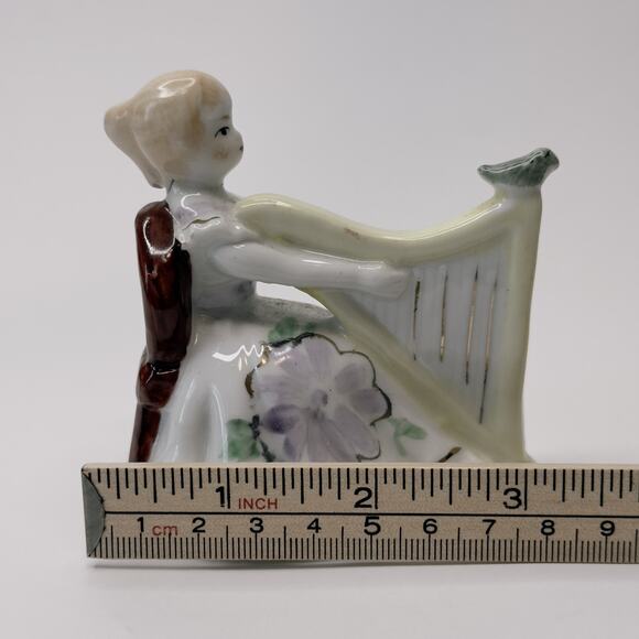 Vintage Figurine 18th Century Girl Playing Harp/Floral Dress/Bird Hand Painted - Picture 8 of 9